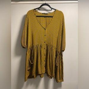 Zara Premium Denim yellow + black checkered shift dress with front pockets